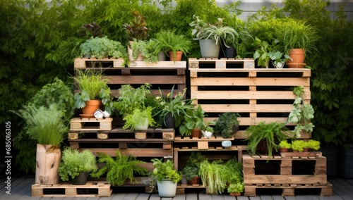 Recycled pallets with hanging plants in the yard