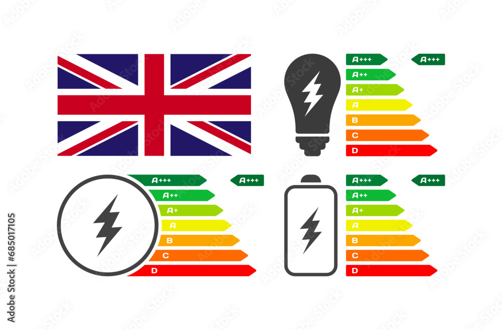 National flag of Great Britain and charge. Flat, color, letter battery rating. National flag of Great Britain. Vector icons National flag of Great Britain and charge. Flat, color, letter battery rating. National flag of Great Britain. Vector icons