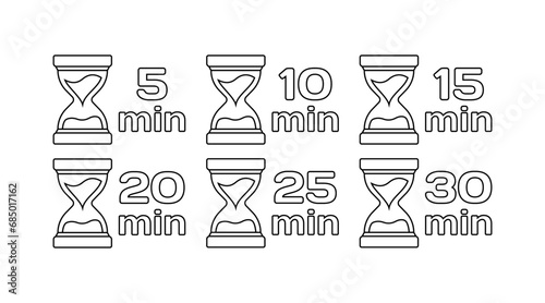 Hourglass timer icons. Outline, 5, 10, 15, 20, 25, 30 minute hourglass timers. Vector icons