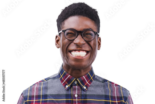 Portrait, funny or face of black man, nerd or geek isolated on transparent png background. Glasses, smile or facial expression of happy young person excited for comedy, goofy joke or silly in Nigeria photo