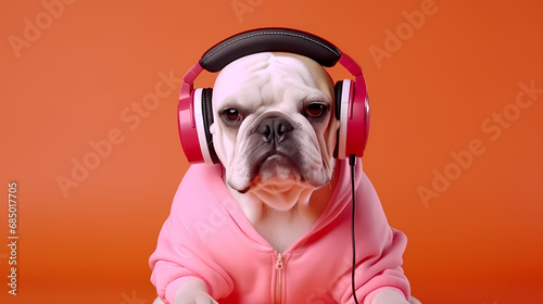 Stylish, purebred dog, english bulldog wearing sport stylish clothes and listening to music in headphones against pink studio background. Concept of animals, humor, pets fashion, vet, style