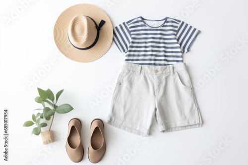 striped shorts, sandals and hat