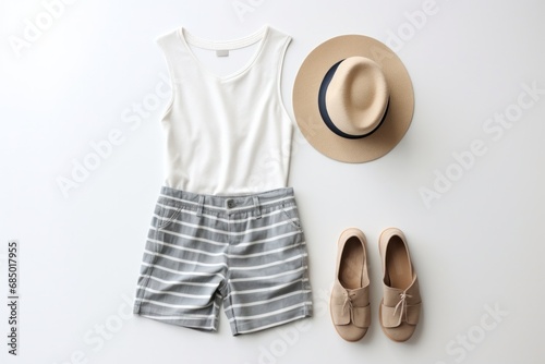 striped shorts, sandals and hat