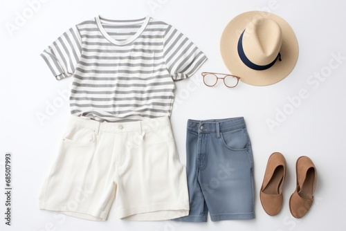 striped shorts, sandals and hat