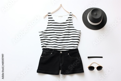 striped shorts, sandals and hat