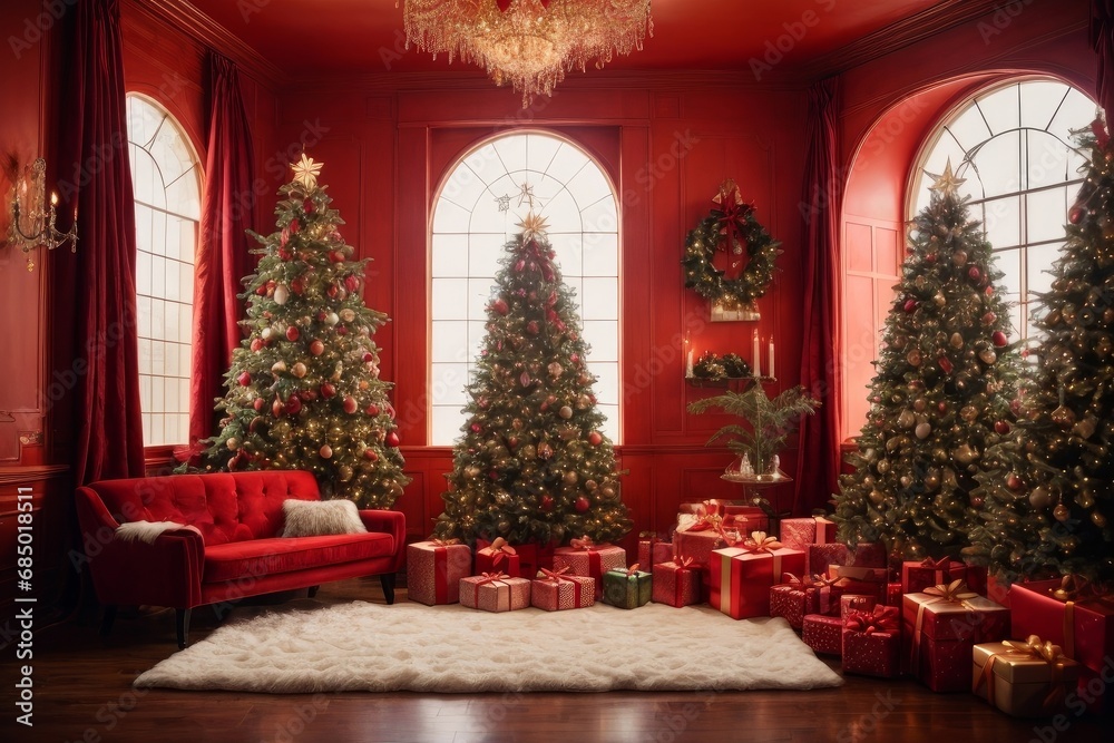 Fototapeta premium Christmas in a warm and cozy home. The room is beautifully decorated with Christmas trees, garlands and gifts, radiating festive cheer and creating the perfect atmosphere to celebrate Christmas.