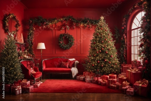 Christmas in a warm and cozy home. The room is beautifully decorated with Christmas trees, garlands and gifts, radiating festive cheer and creating the perfect atmosphere to celebrate Christmas.