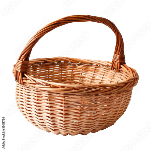 Brown wicker basket with one large handle. Wooden basket made of vines. Rattan basket.