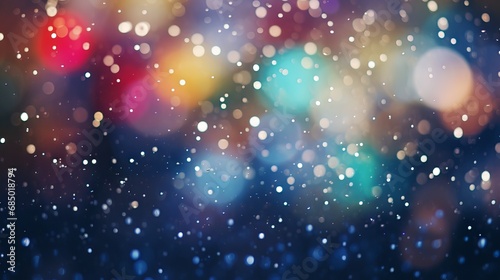 Snowy Christmas lights: colorful bokeh effect with RGB bulbs and snowflakes