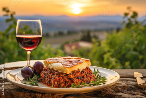 a classic Greek meal of moussaka, a delectable dish with layers of aubergine, meat, and creamy sauce.