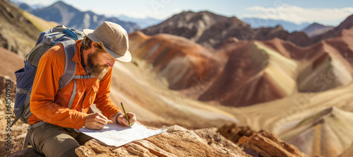 Geologists with map, examining rocks and minerals, showcasing the business and environmental aspects of his work.