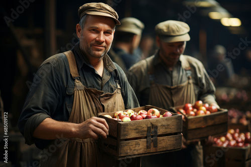 Two workers holding crates of apples at warehouse. agribusiness concept