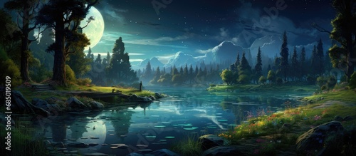 As the moon rose over the colorful and beautiful scene, the reflection of the blue water and green trees in the summer river created a serene ambiance in the woods, where nature and water met with the