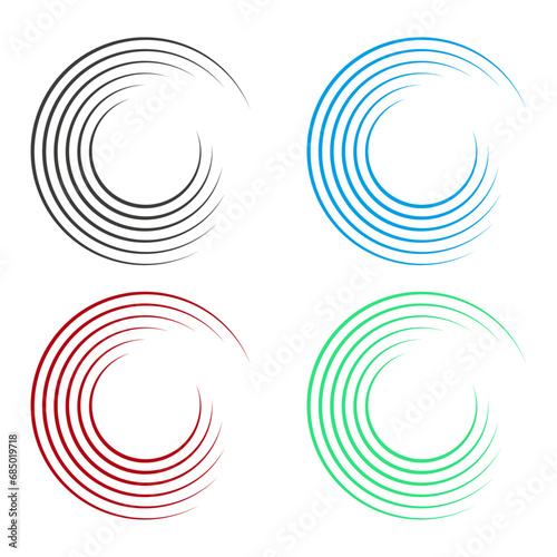 Set of lines color red, green, blue in cirle form. Radial speed lines on white background	 photo