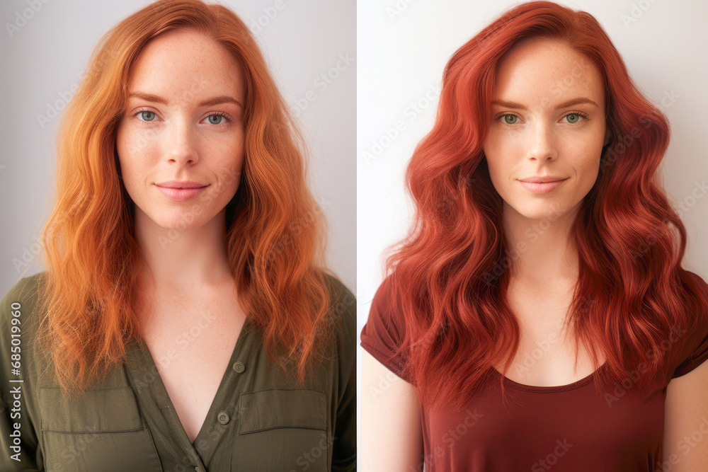magic of a hair care transformation as a fiery-haired beauty bids farewell to split ends, revealing revitalized, bouncy curls in a stunning before-and-after portrayal. magic of a hair care transformation as a fiery-haired beauty bids farewell to split ends, revealing revitalized, bouncy curls in a stunning before-and-after portrayal.