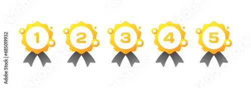Medal icons. Flat, yellow, medals for 1st, 2nd, 3rd, 4th, 5th place vector icons