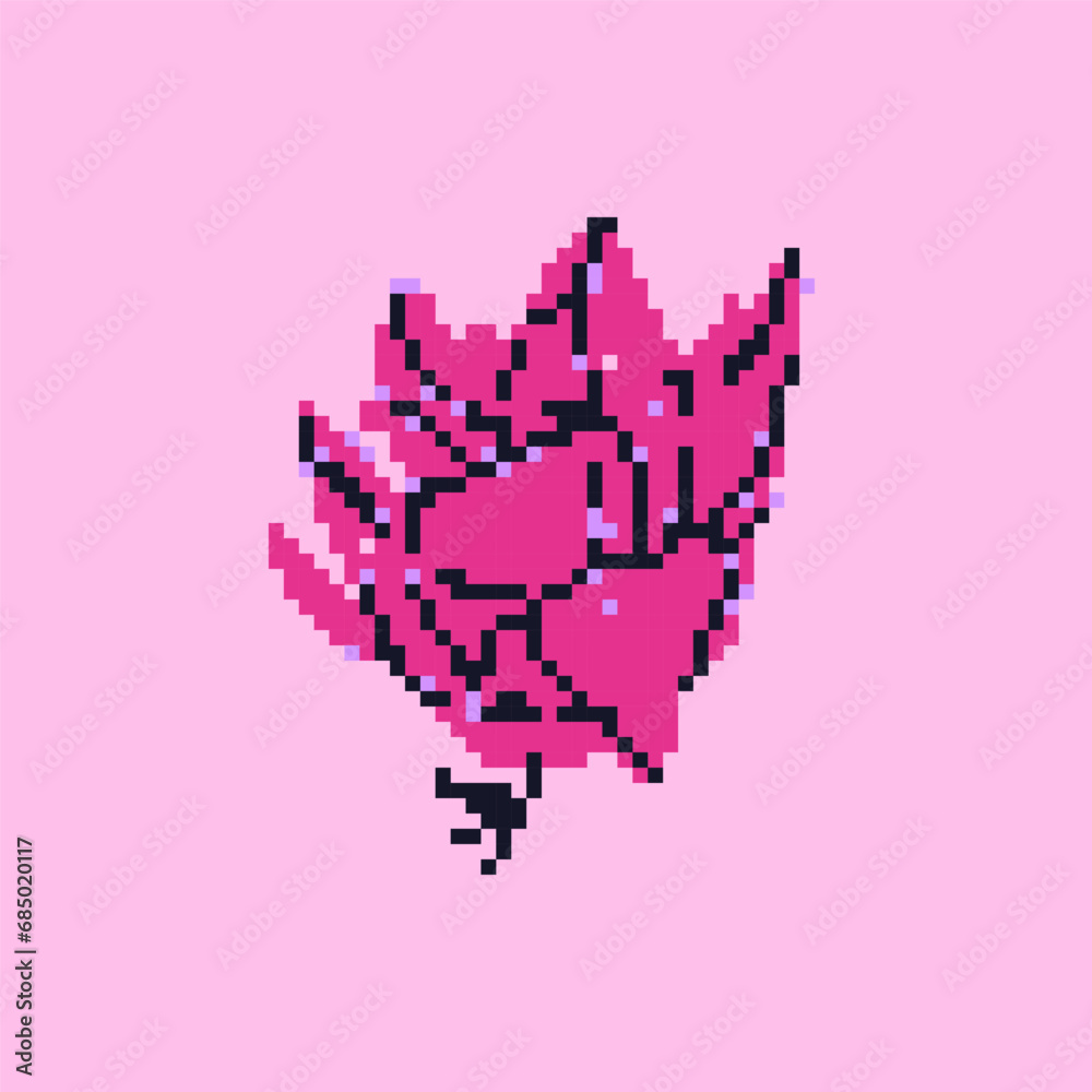 Vector illustration of pink flower. Postcard, design, element. Pixel art.
