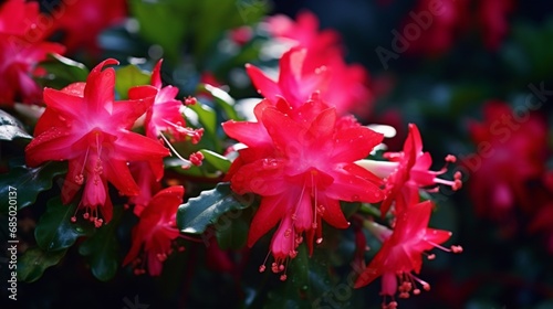 A vibrant Christmas Cactus with delicate red blossoms in full bloom, set against a backdrop of lush green foliage. 8K