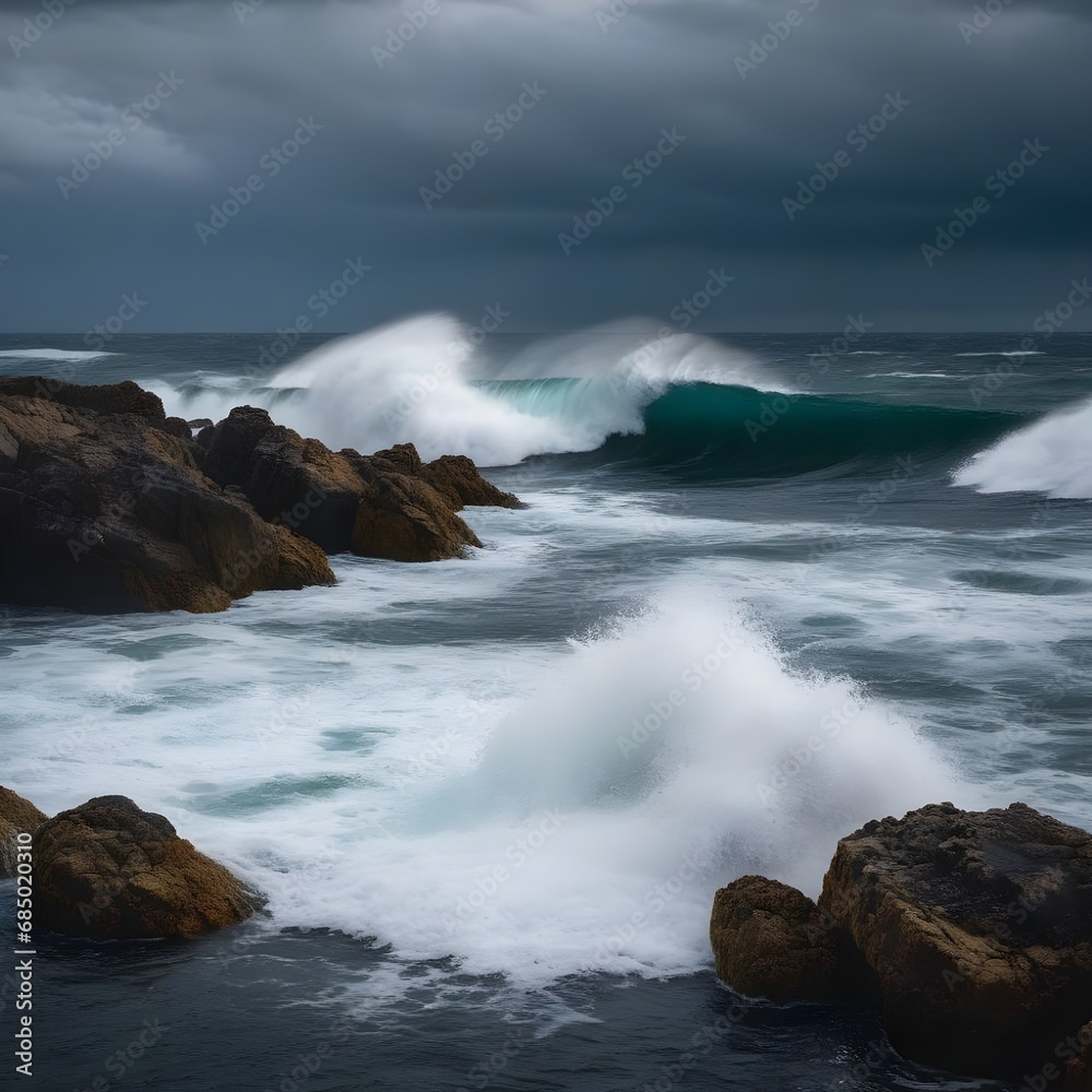 a sea of waves, waves against rocks, dark clouds on the sea