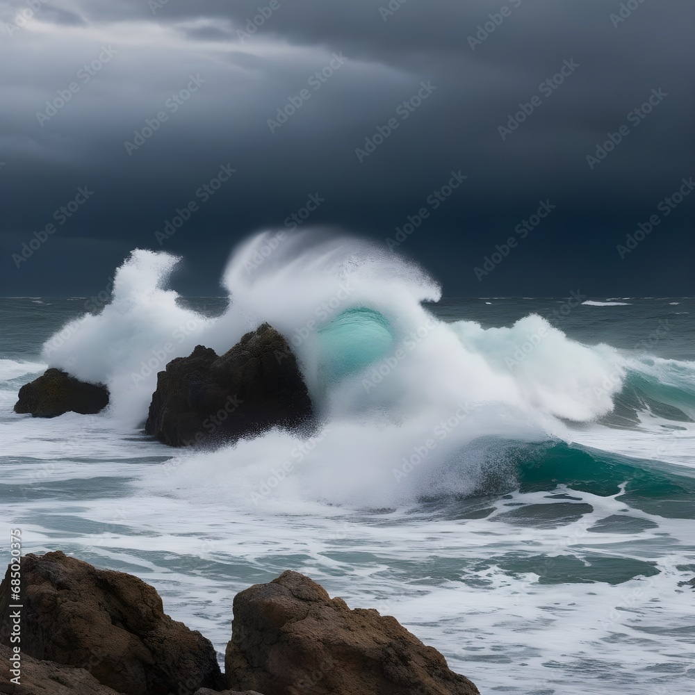 Obraz premium a sea of waves, waves against rocks, dark clouds on the sea
