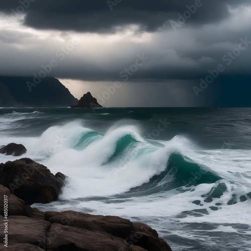 a sea of waves, waves against rocks, dark clouds on the sea © RORON