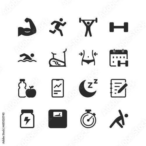 Fitness icons set. Athletic exercise. Gym. Increasing strength and burning excess weight. Sports and physical activity. Get results. Black and white style