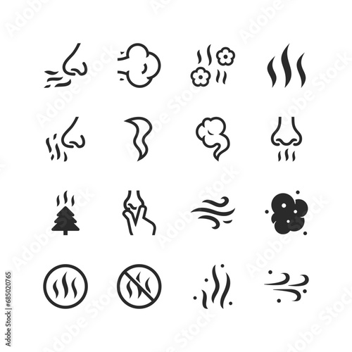 Smell icons set. Symbols of odor. Fragrance, odor and odorlessness. The sensation and perception of odors. Fragrance and unpleasant odor. Black and white style photo