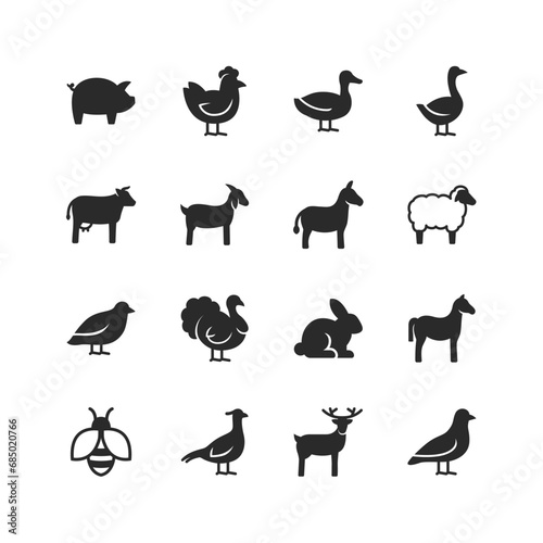 Farm Animals icons set. Animals that are raised on a farm, an animal for dairy products, eggs and meat. Black and white style