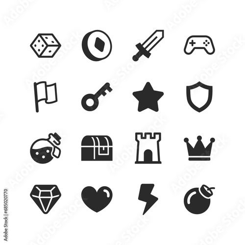 Games icons set. Game elements for game design, coin, sword, shield, potion, bomb, castle, crown, etc. Magical world, adventure. Magic, weapons, treasures. Black and white style