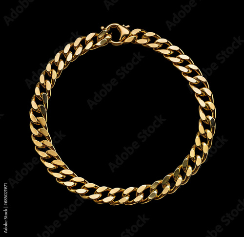 gold chain rings on black background. Round gold jewelry frame.