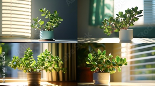 An elegant Jade Plant sitting on a windowsill, casting a beautiful shadow against the backdrop. Its intricate leaves showcase a sense of tranquility.