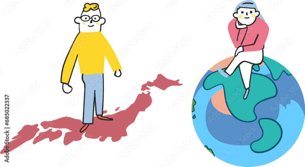 Fototapeta premium アメリカ大陸を中心にした地球儀に座っている女性と日本列島の上に立っている男性 セット イラスト素材