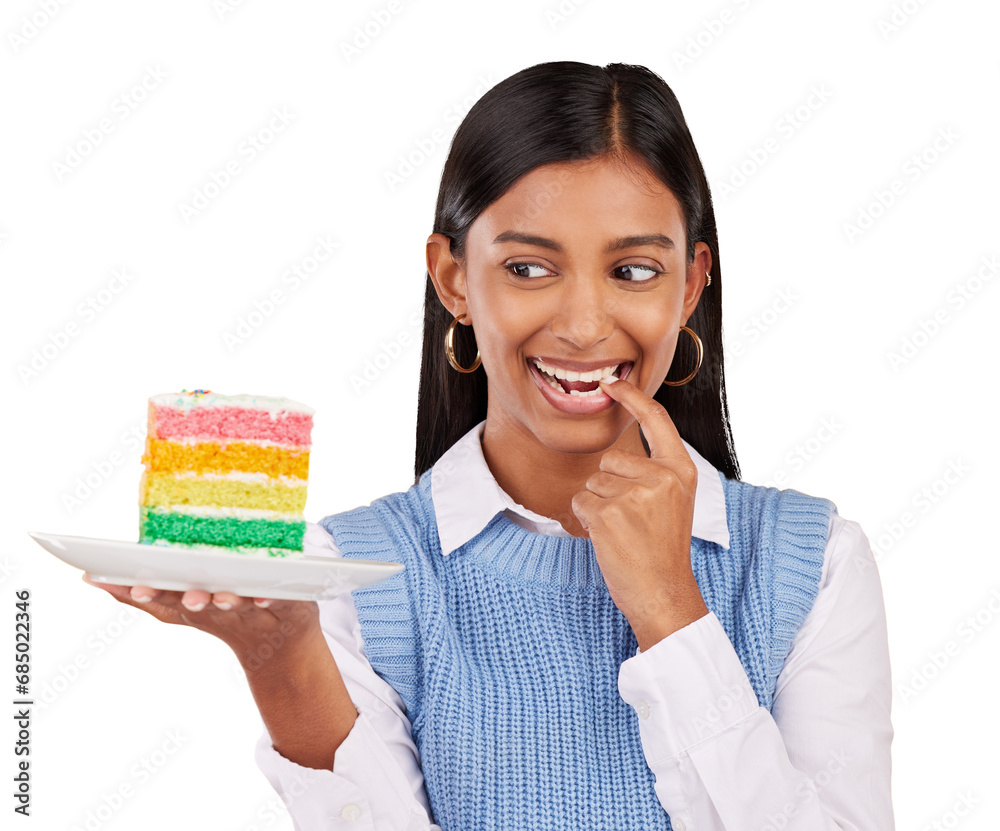 Woman, birthday cake and excited for celebration dessert at party, congratulations or isolated on transparent png background. Indian person, finger bite for happy sweet food, rainbow snack for hungry Woman, birthday cake and excited for celebration dessert at party, congratulations or isolated on transparent png background. Indian person, finger bite for happy sweet food, rainbow snack for hungry