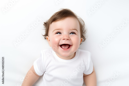 Captured Joy: Close-Up Photo of a European Infant Laughing Sincerely, Radiating the Atmosphere of Pure Happiness and Innocence