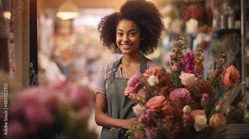 Afro american florist smiling in the store to customers