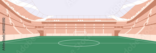 Empty soccer stadium. Football field, sports arena background. Playground with green grass, lawn and lines, seats rows, horizontal panorama. Foot ball place for playing game. Flat vector illustration