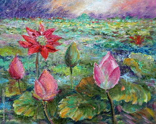 hand painted impressionism art painting oil color lotus flower background from thailand  and waterlily flora blossom bloom petal garden nature colorful plant spring mix colors acrylic painting	