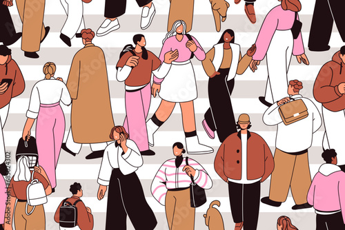 People crowd walking, seamless pattern. Busy city street traffic, pedestrians on crosswalk. Endless background, repeating print design with urban characters going. Flat graphic vector illustration