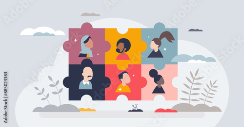 Diversity in hiring and various social groups inclusion tiny person concept. Professional business with connected multicultural colleagues vector illustration. Fair workplace labor integration. photo