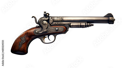 Old pirate flintlock pistol, pirate gun weapon isolated on a transparent background, cutout PNG file photo