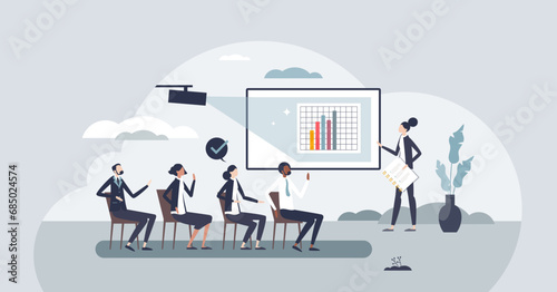 HR learning and development for employee motivation tiny person concept. Human resource presentation about sales stats and financial information vector illustration. Mentoring and teaching business.