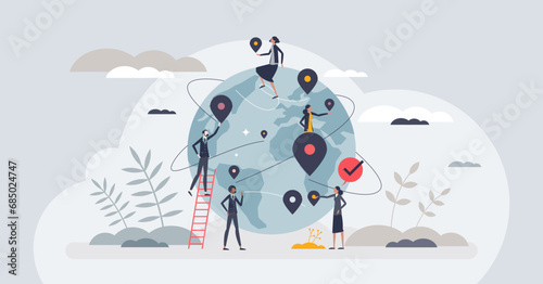 Global collaboration network for international business tiny person concept. Communication and interaction for businessman connections vector illustration. Corporate strategy with online teamwork. photo