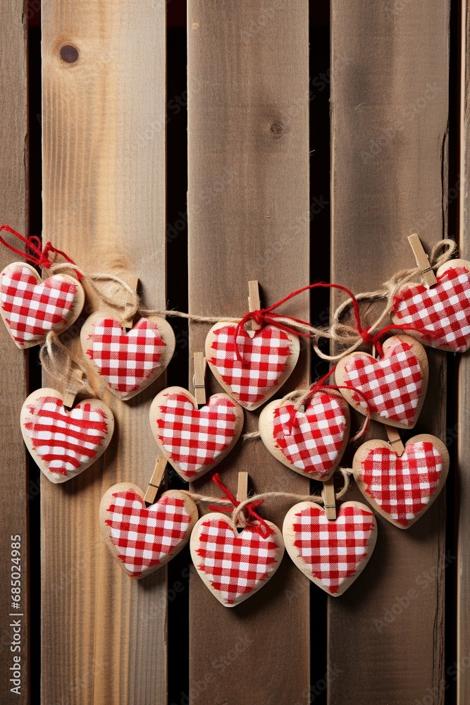 Obraz premium Valentine's day background with hearts and clothespins on wooden wall