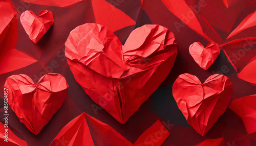 Red hearts made of crumpled paper as Valentine's day pattern, generative ai illustration