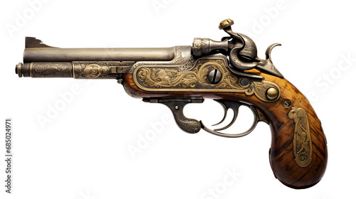 Old pirate flintlock pistol, pirate gun weapon isolated on a transparent background, cutout PNG file