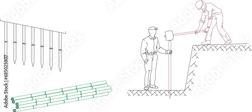 Vector sketch illustration design, technical drawing, detailed building construction work method, installing iron pilings