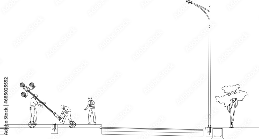 Vector sketch illustration design, technical drawing, detailed work method for maintaining street lighting Vector sketch illustration design, technical drawing, detailed work method for maintaining street lighting