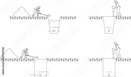 Vector sketch illustration design, technical drawing, detailed work method for installing steel lamp pole foundations.