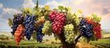 In a picturesque frame of nature, a tall tree with lush green leaves bears colorful fruits, including black and blue grapes bursting with natural flavor, perfect for a healthy diet rich in nutritious