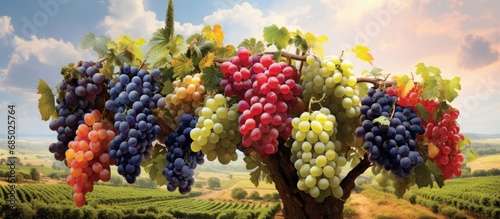 In a picturesque frame of nature, a tall tree with lush green leaves bears colorful fruits, including black and blue grapes bursting with natural flavor, perfect for a healthy diet rich in nutritious